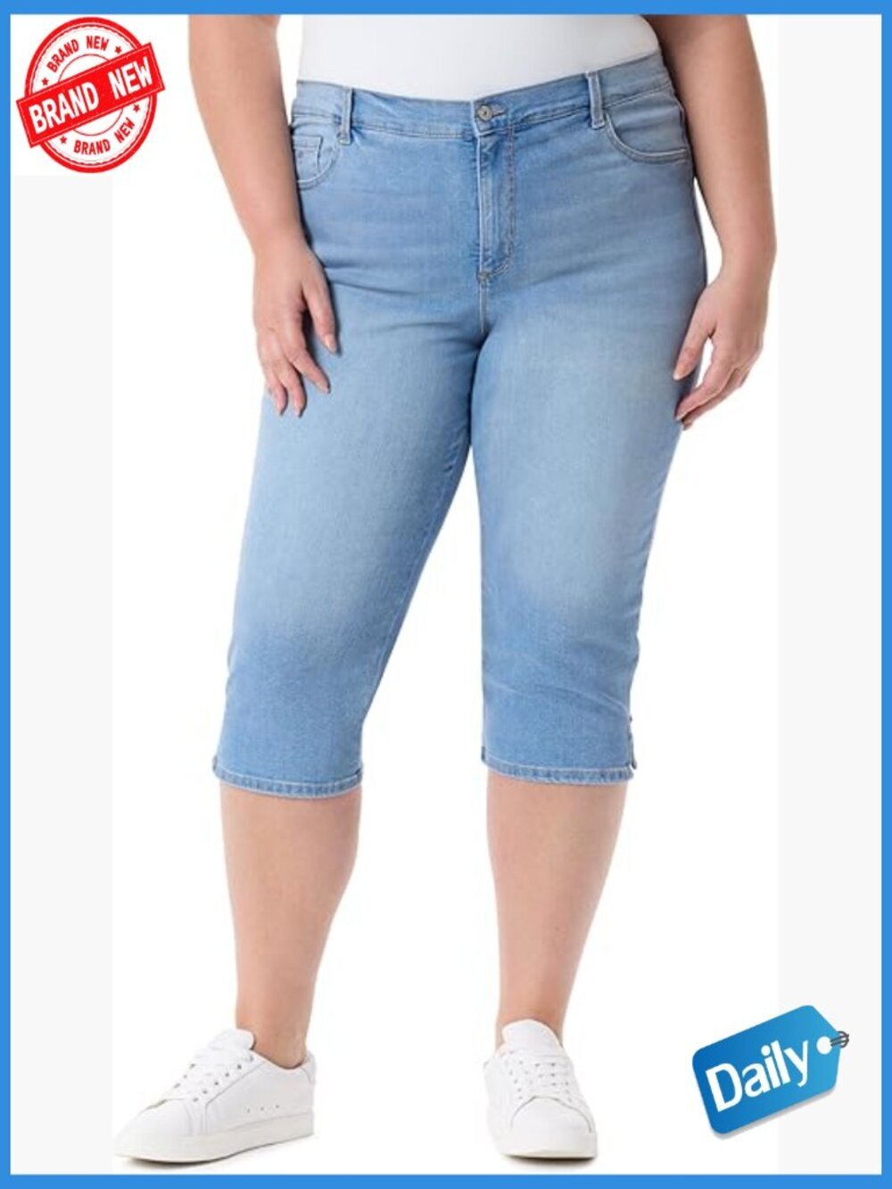 High Rise Stretch Capri Jeans 21" Inseam Straight Leg Crop Denim